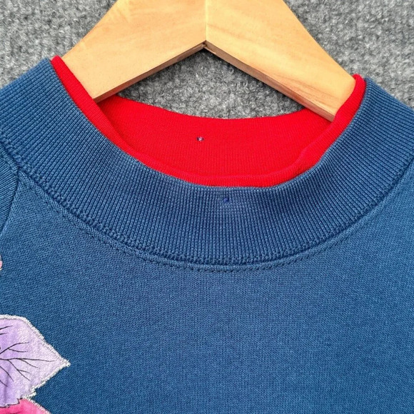 Vintage Granny Sweatshirt Womens M Blue Applique Leaves Double Collar Pullover - Picture 5 of 11
